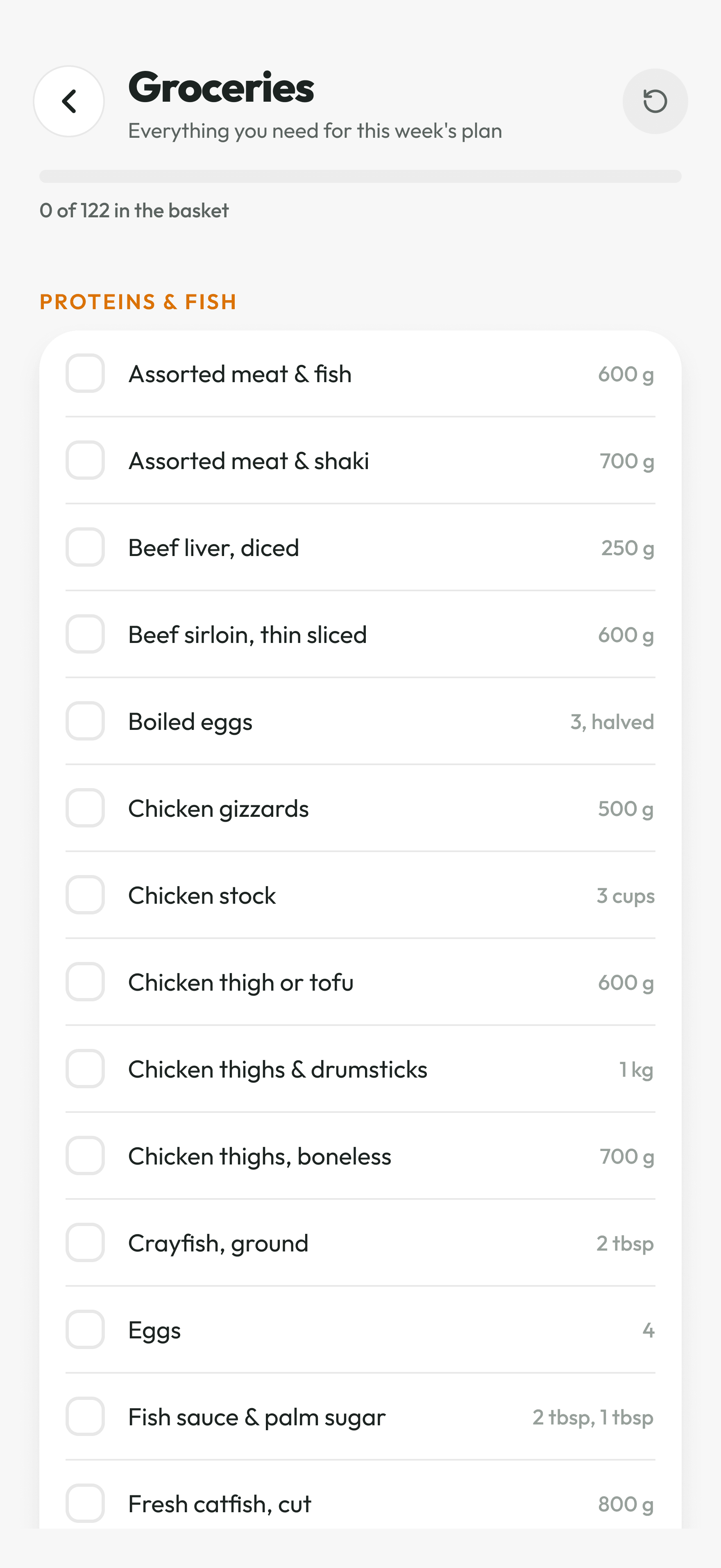 akaani grocery list generated from the weekly meal plan