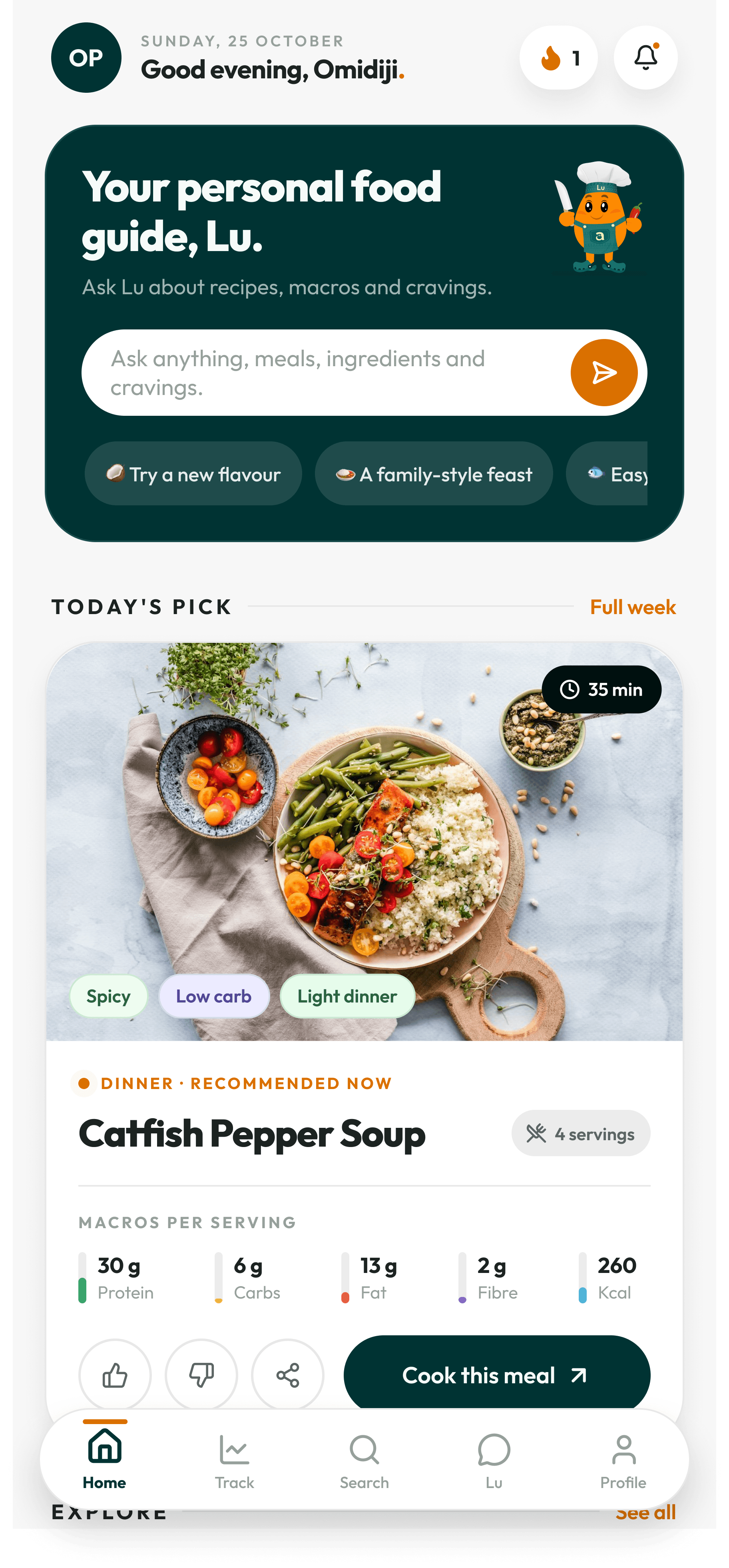 akaani Home screen with Lu, today's meal recommendation and Full week link