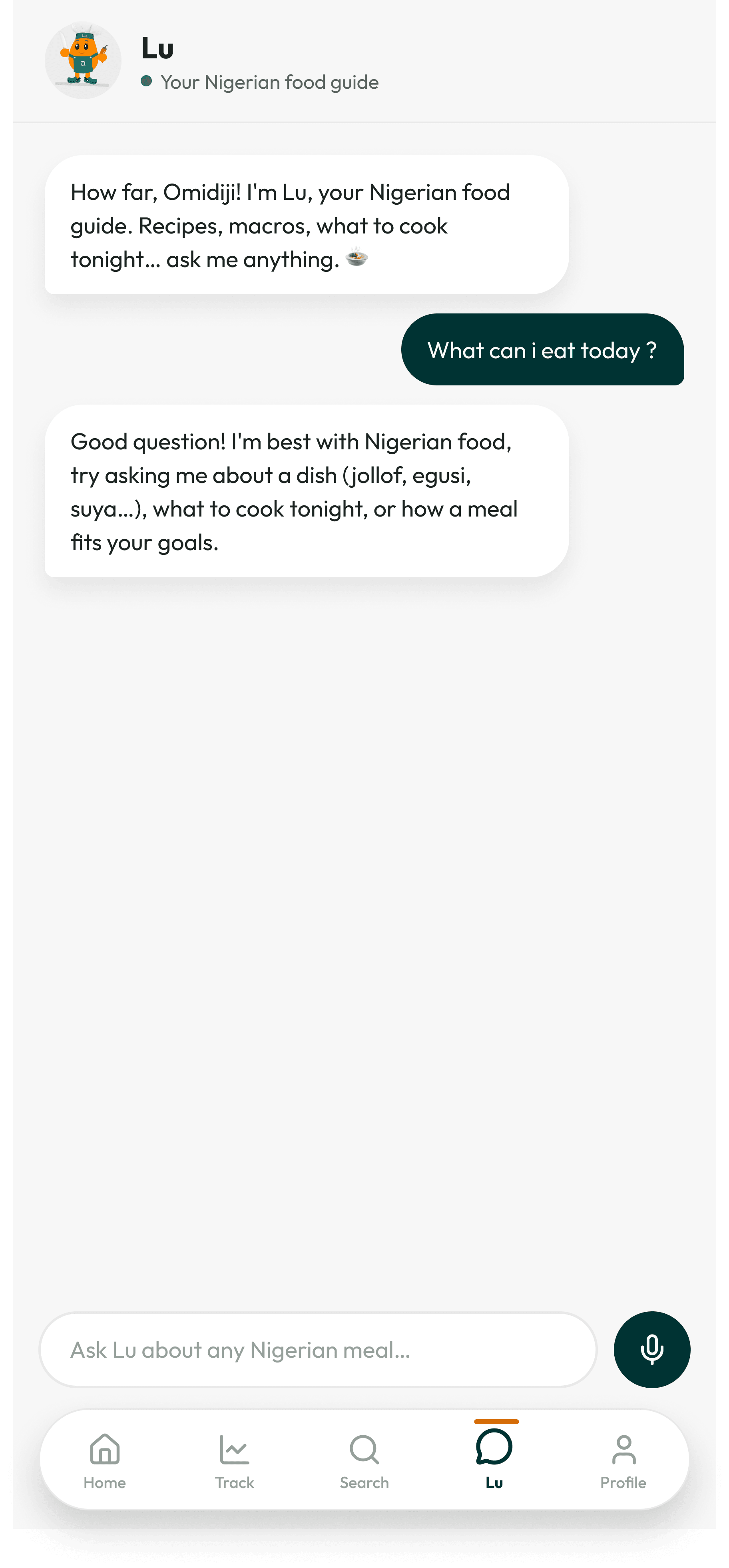 akaani Lu conversation with a question about what to eat today and a reply
