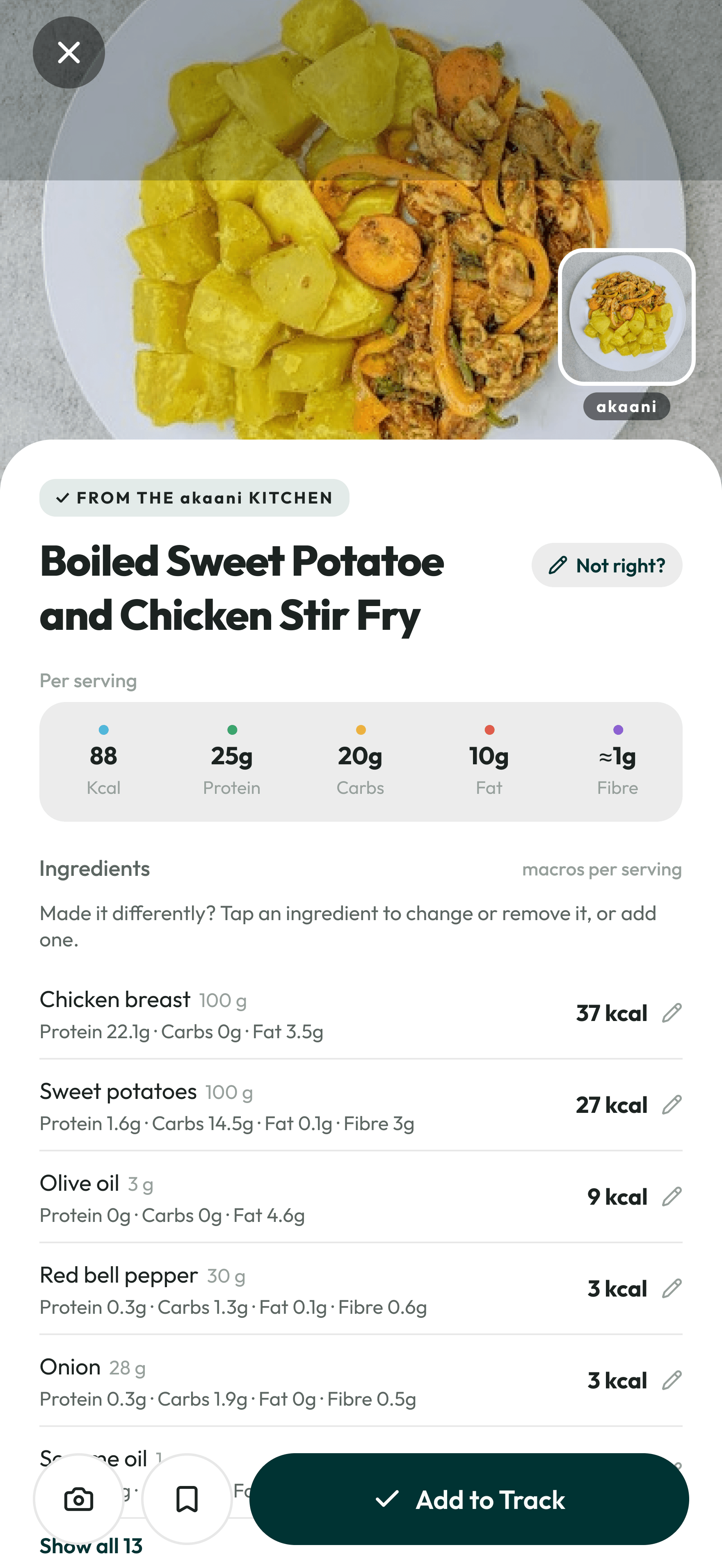 akaani meal result with photographed food, ingredient breakdown and Add to Track action