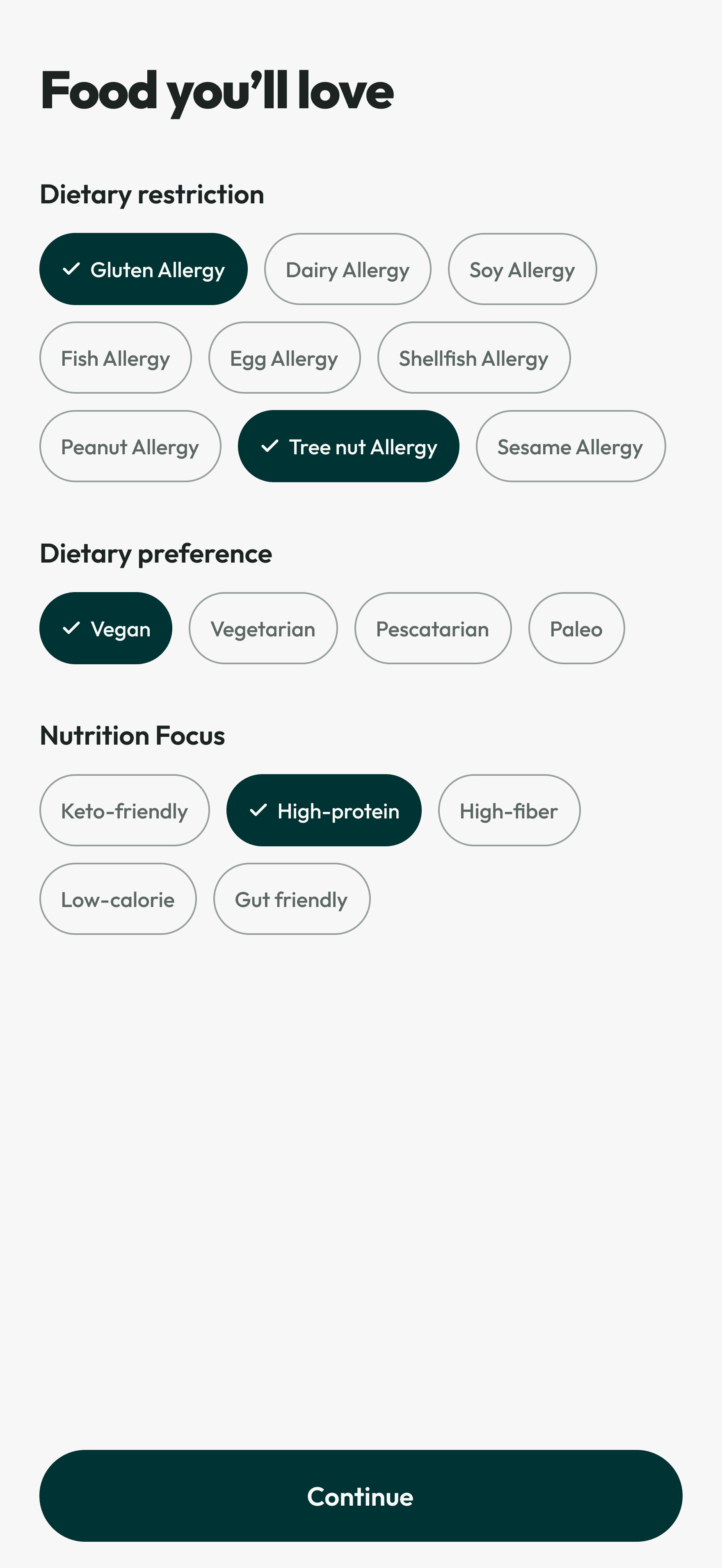 akaani food preferences screen with selected dietary restrictions, preferences and nutrition focus
