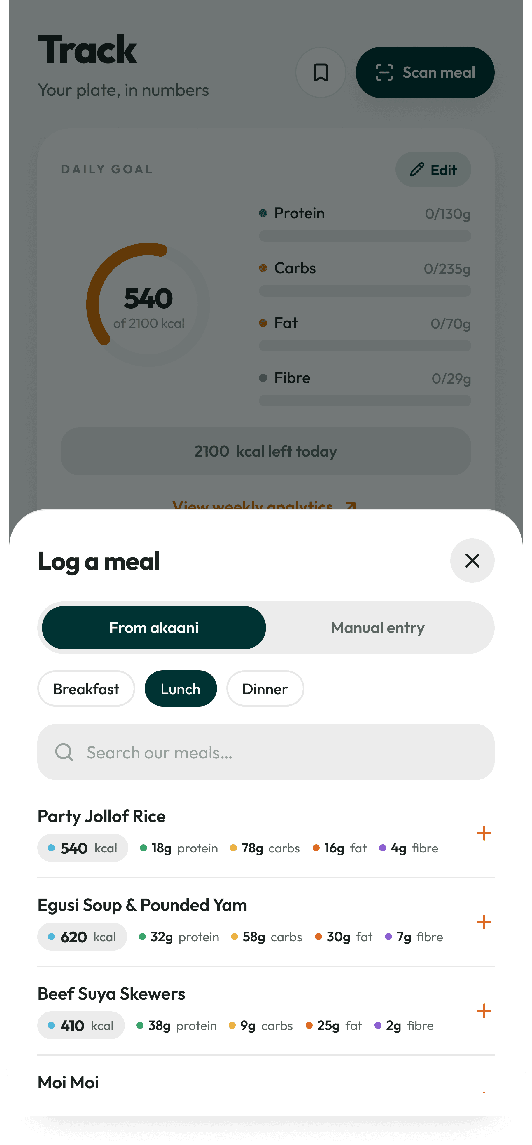 akaani Log a meal sheet with breakfast, lunch and dinner and dish choices