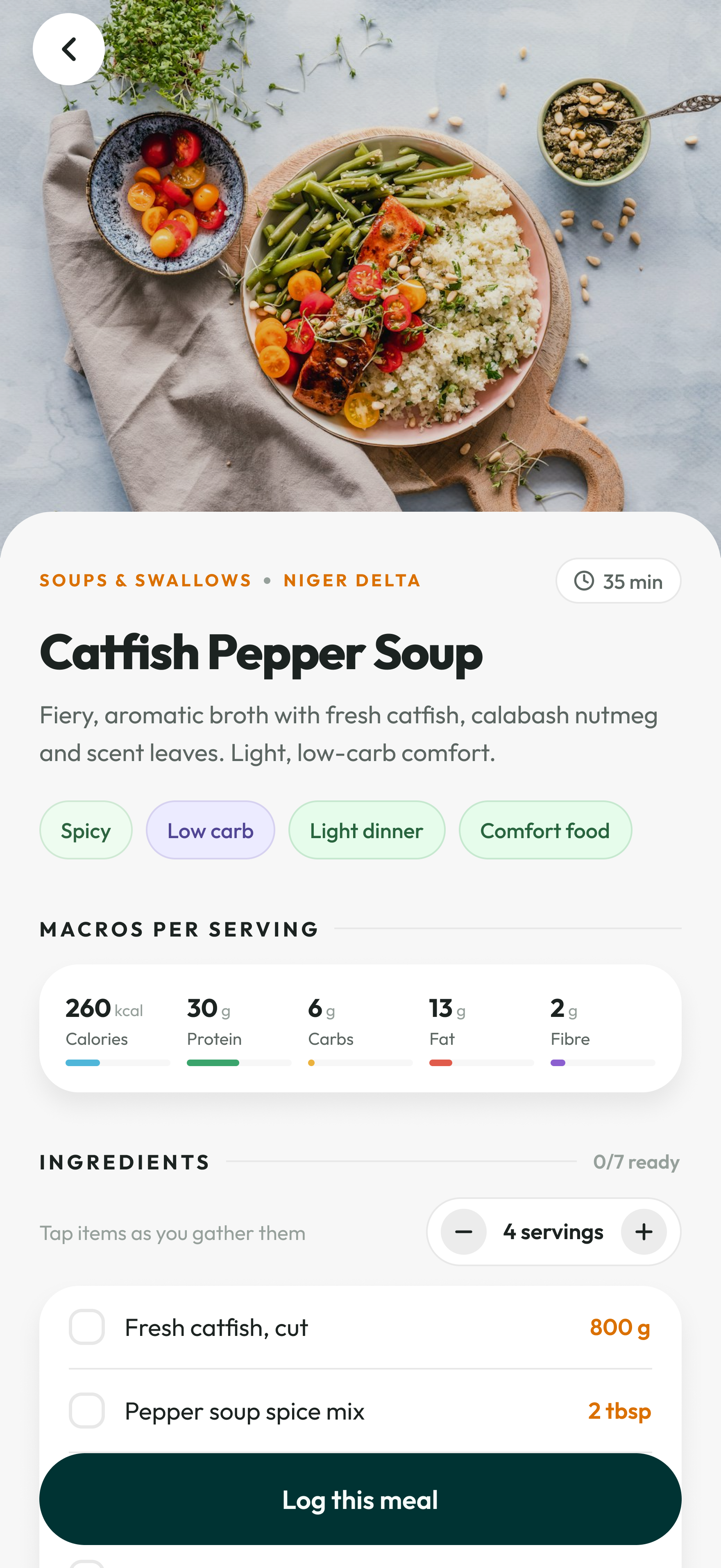 akaani Catfish Pepper Soup detail with ingredients, servings and Log this meal