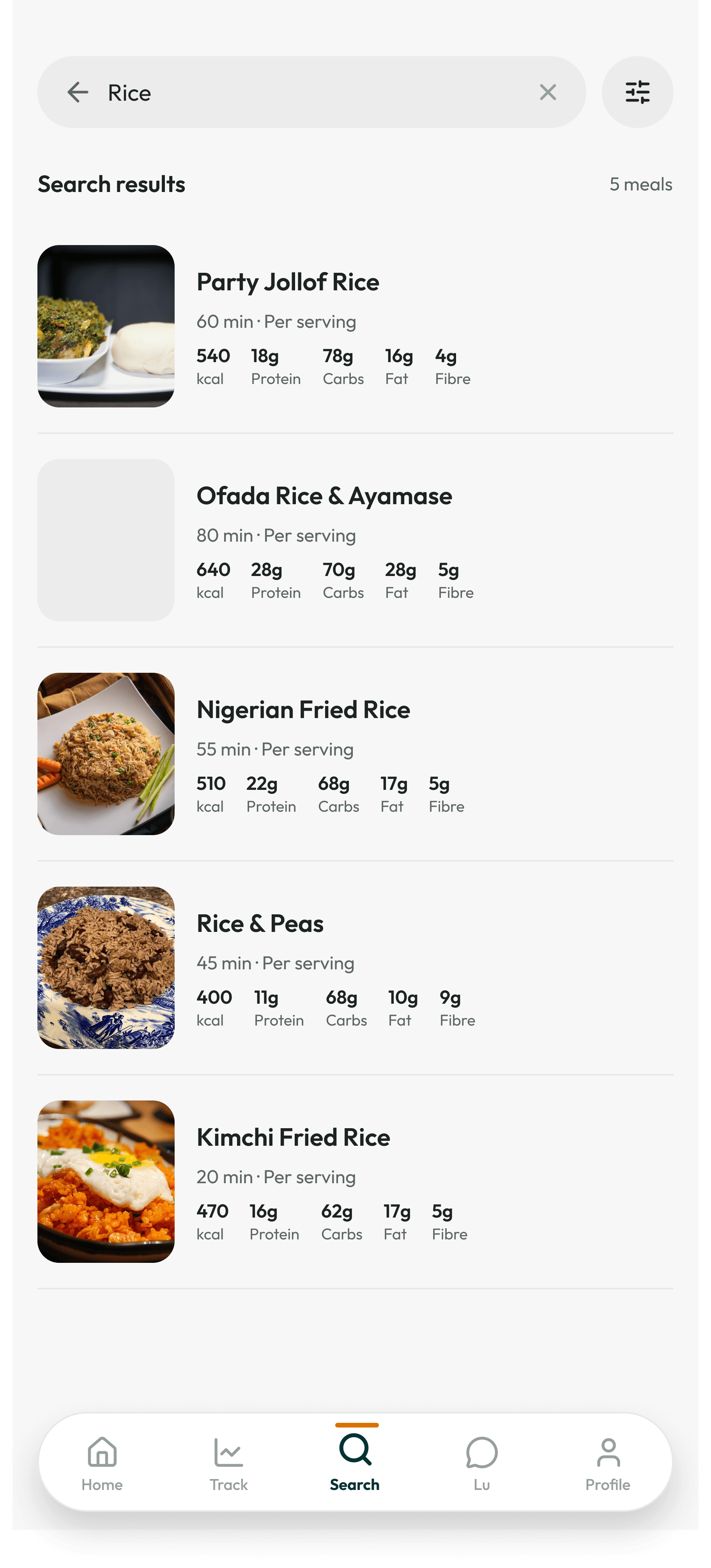 akaani Search meal screen with rice results and sample nutrition values
