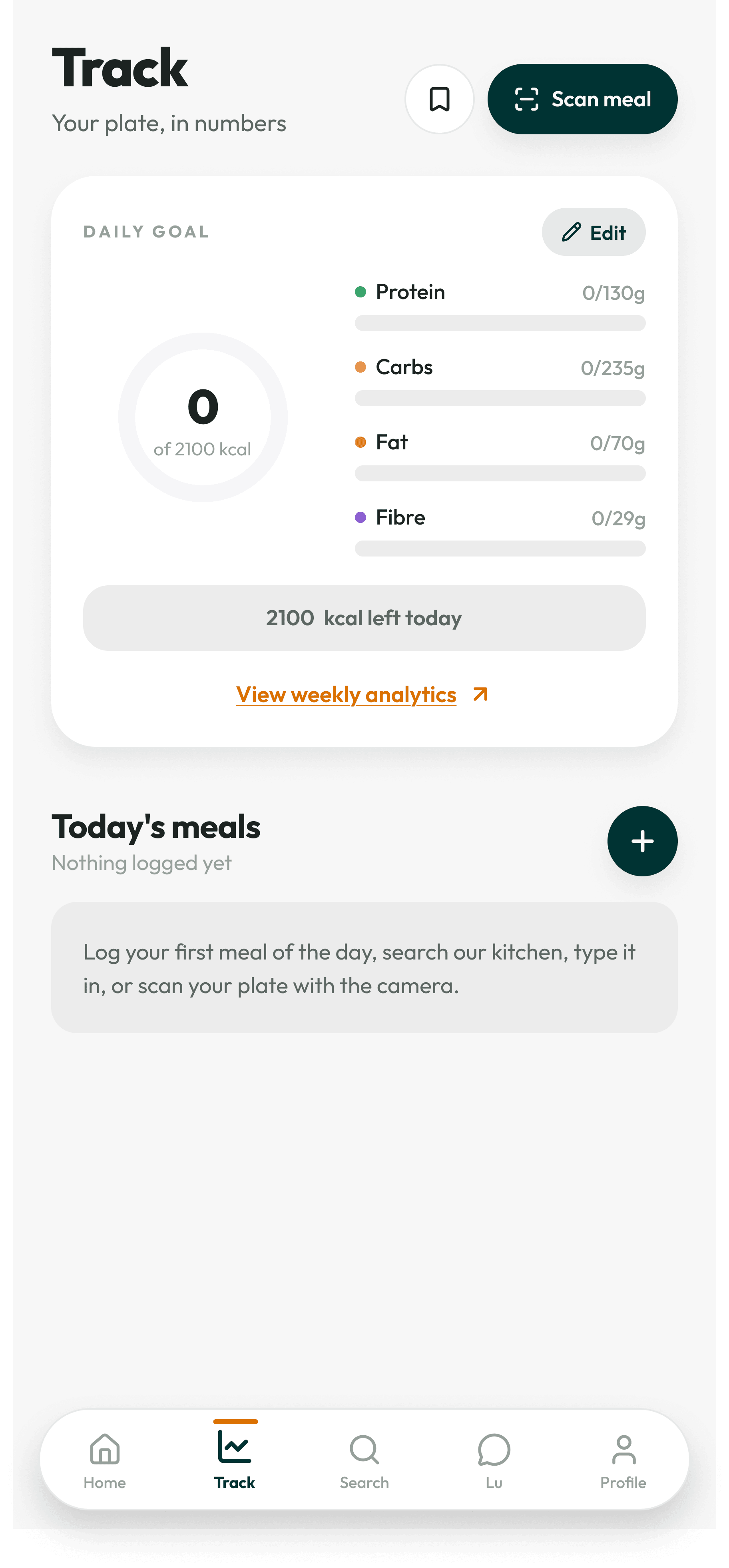 akaani empty Track screen with daily goal and meal actions