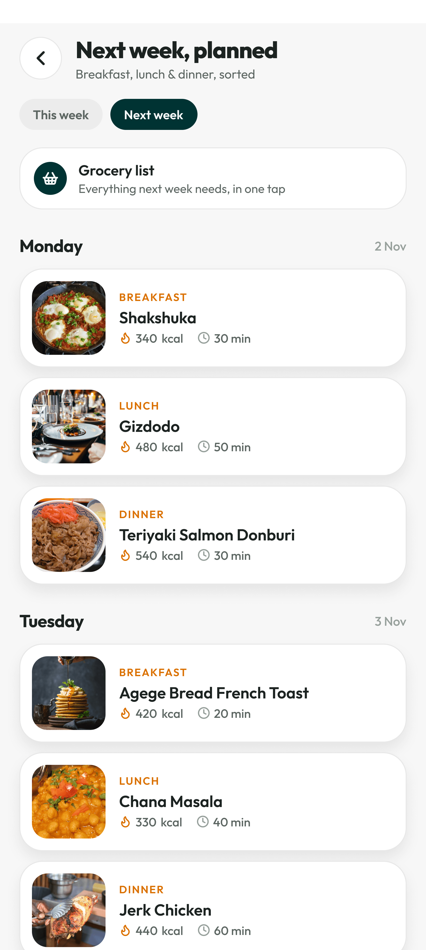akaani Next week meal plan with the Next week tab selected