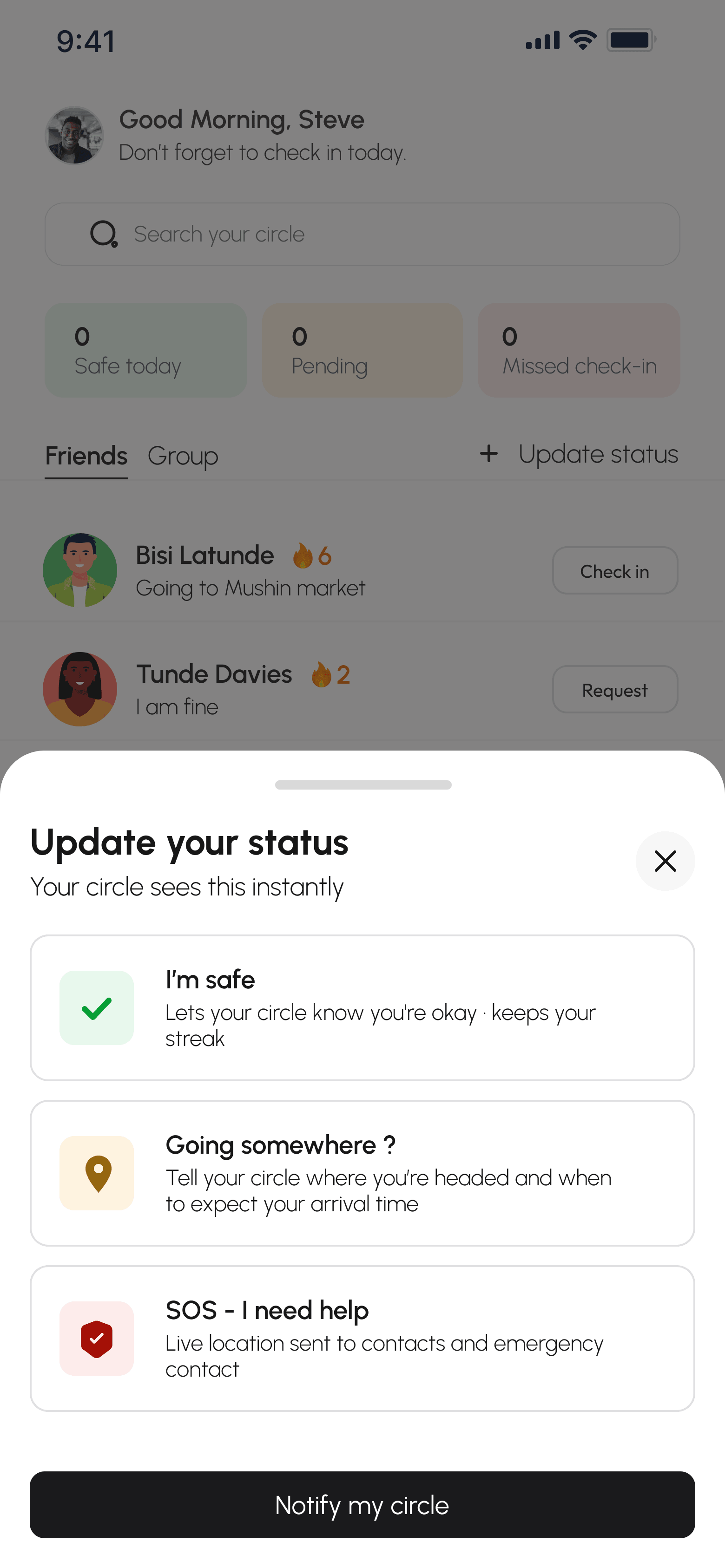 Circlly status sheet showing I'm safe, Going somewhere and SOS options