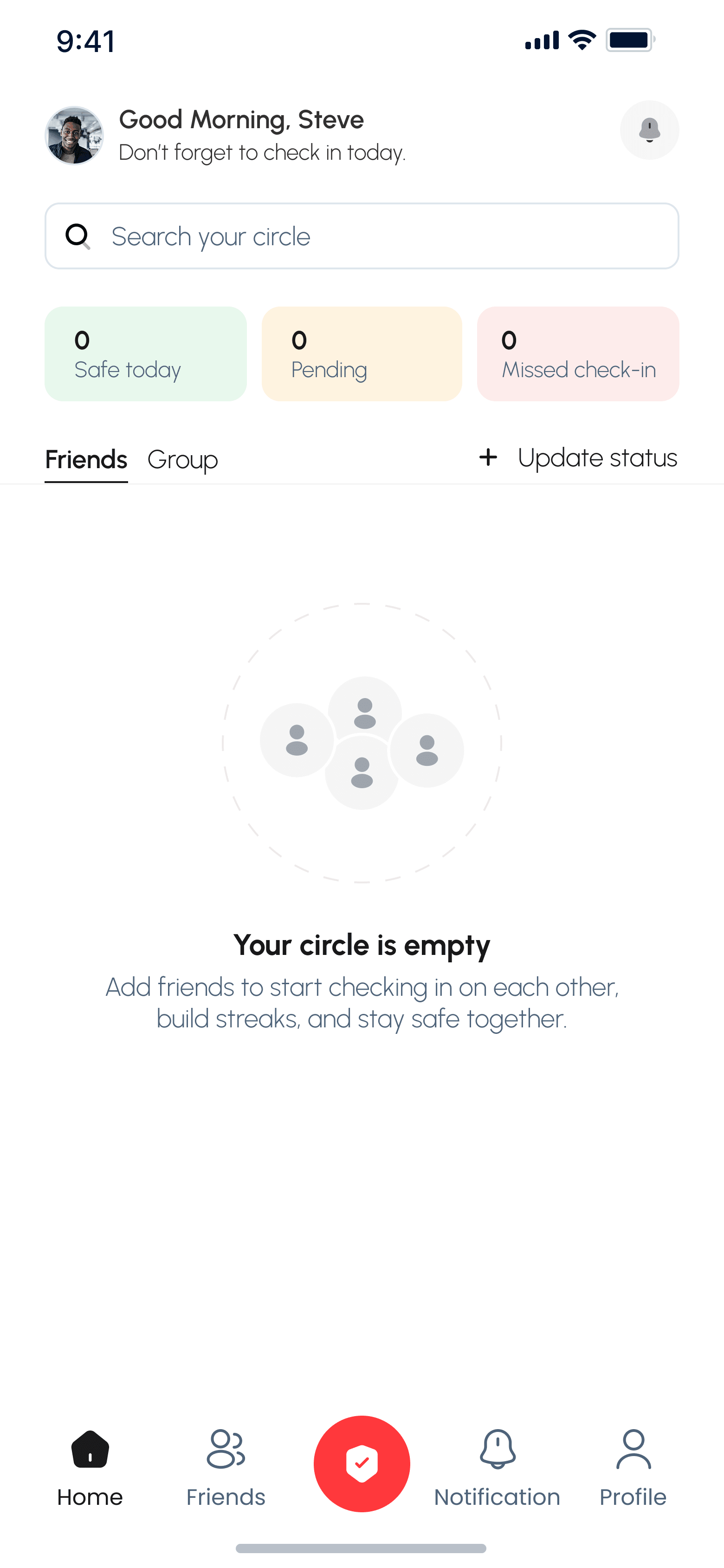 Circlly empty Home state inviting the user to add friends