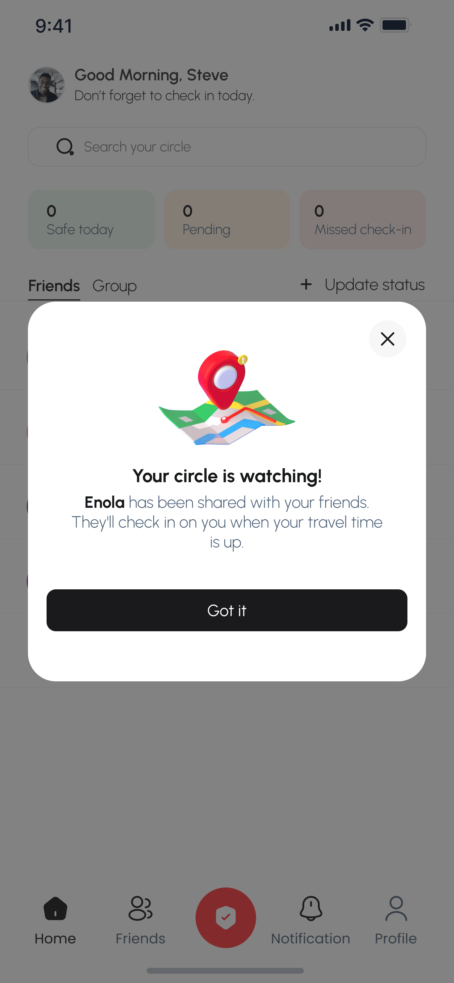 Circlly confirmation after a journey status is shared with a circle