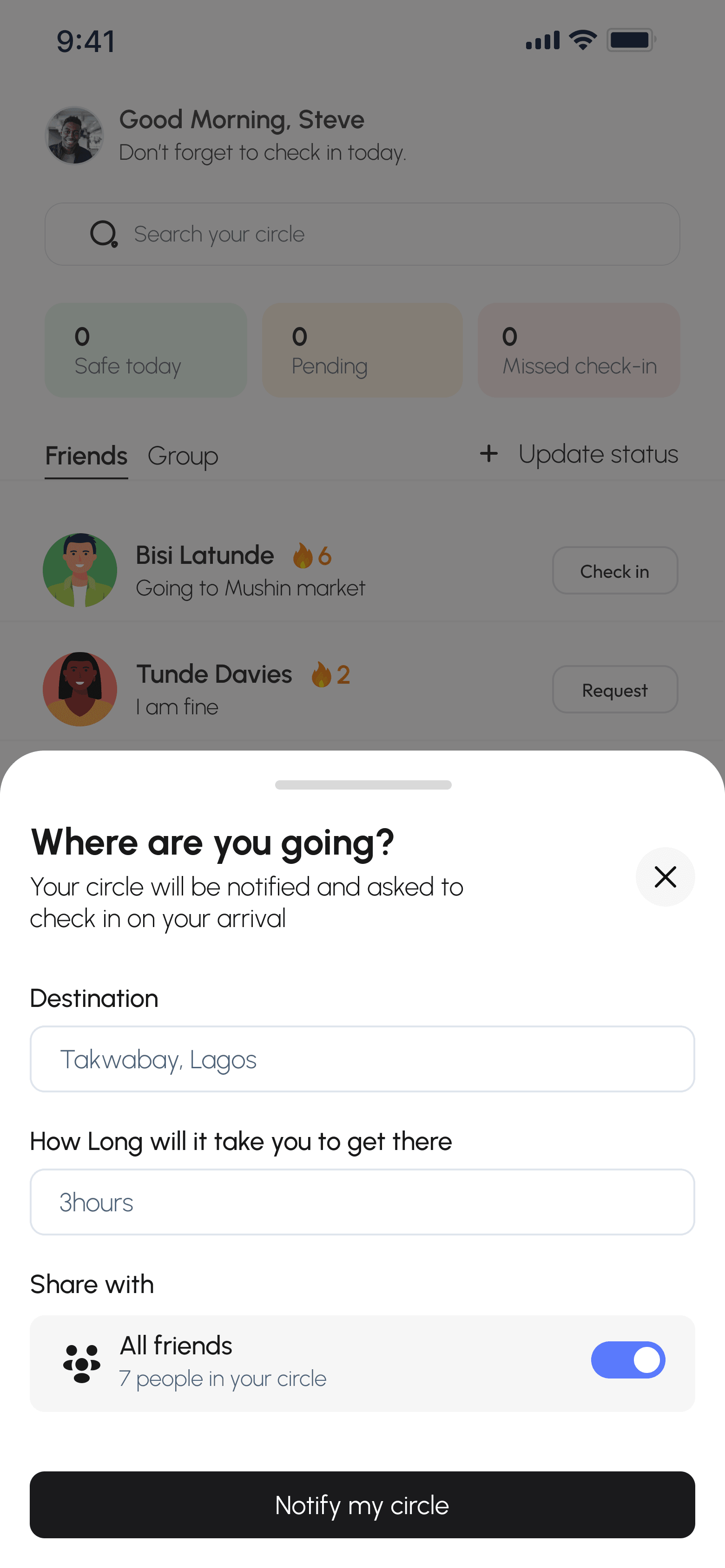 Circlly journey update form with destination and travel time