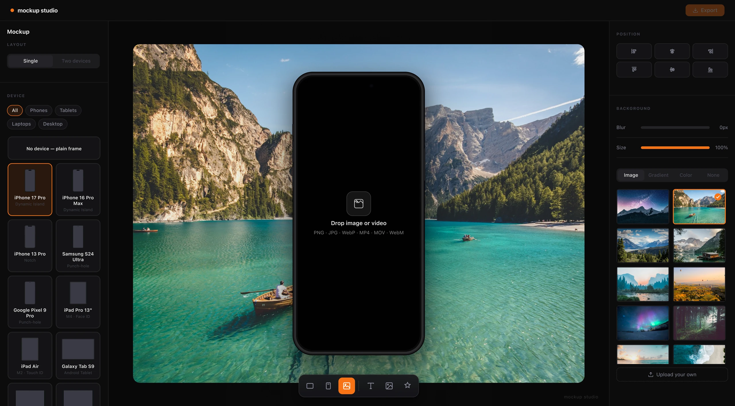 Mockup Studio background image picker showing a phone against a turquoise lake and mountain scene
