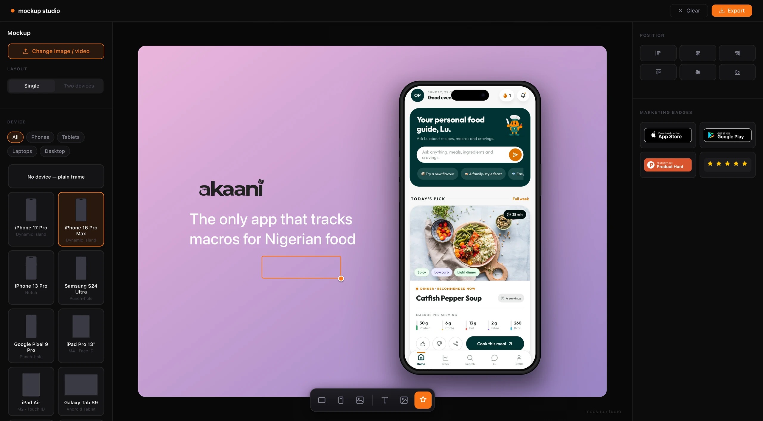 Mockup Studio marketing badge panel with store, Product Hunt and rating badge choices