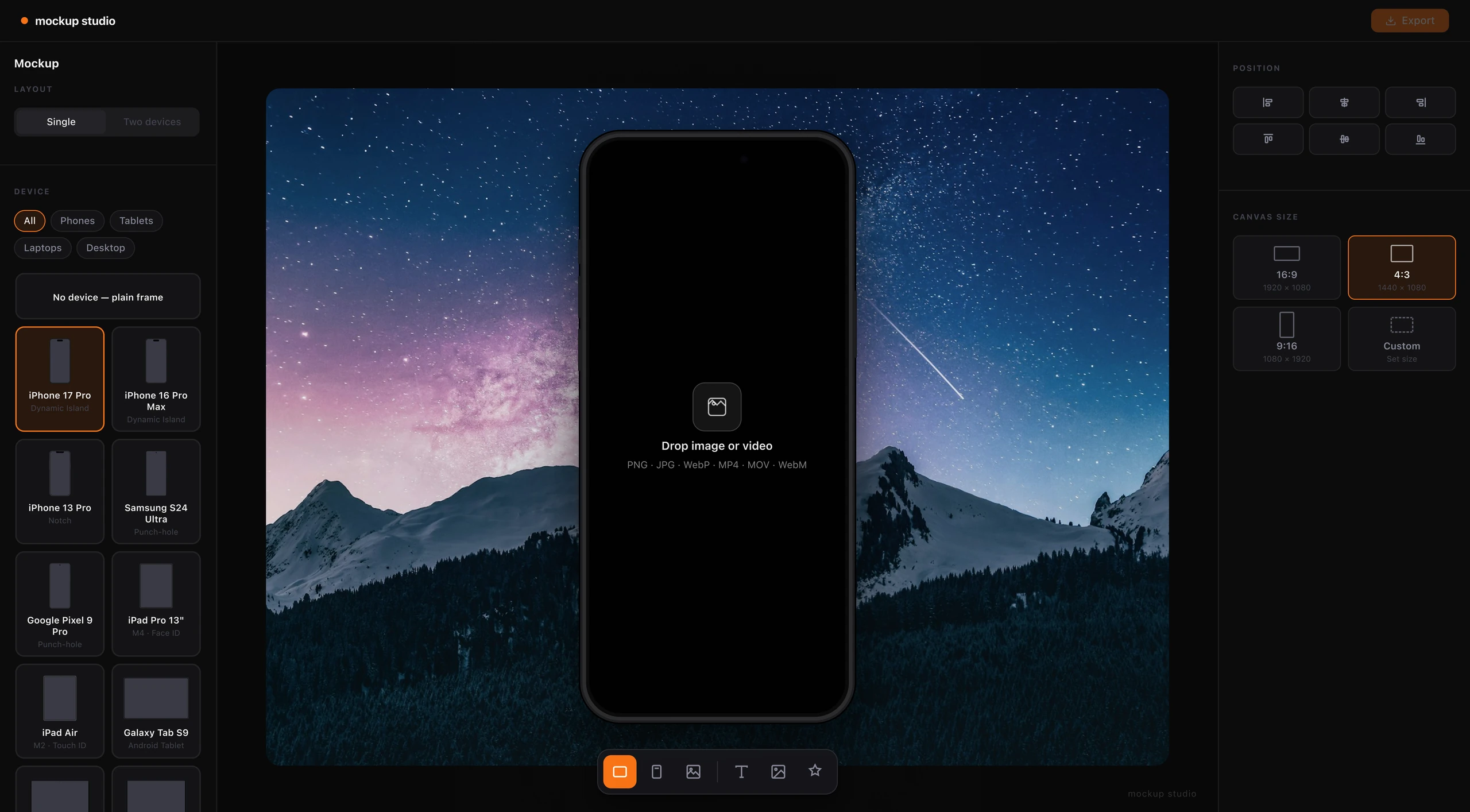 Mockup Studio canvas-size presets beside a phone mockup