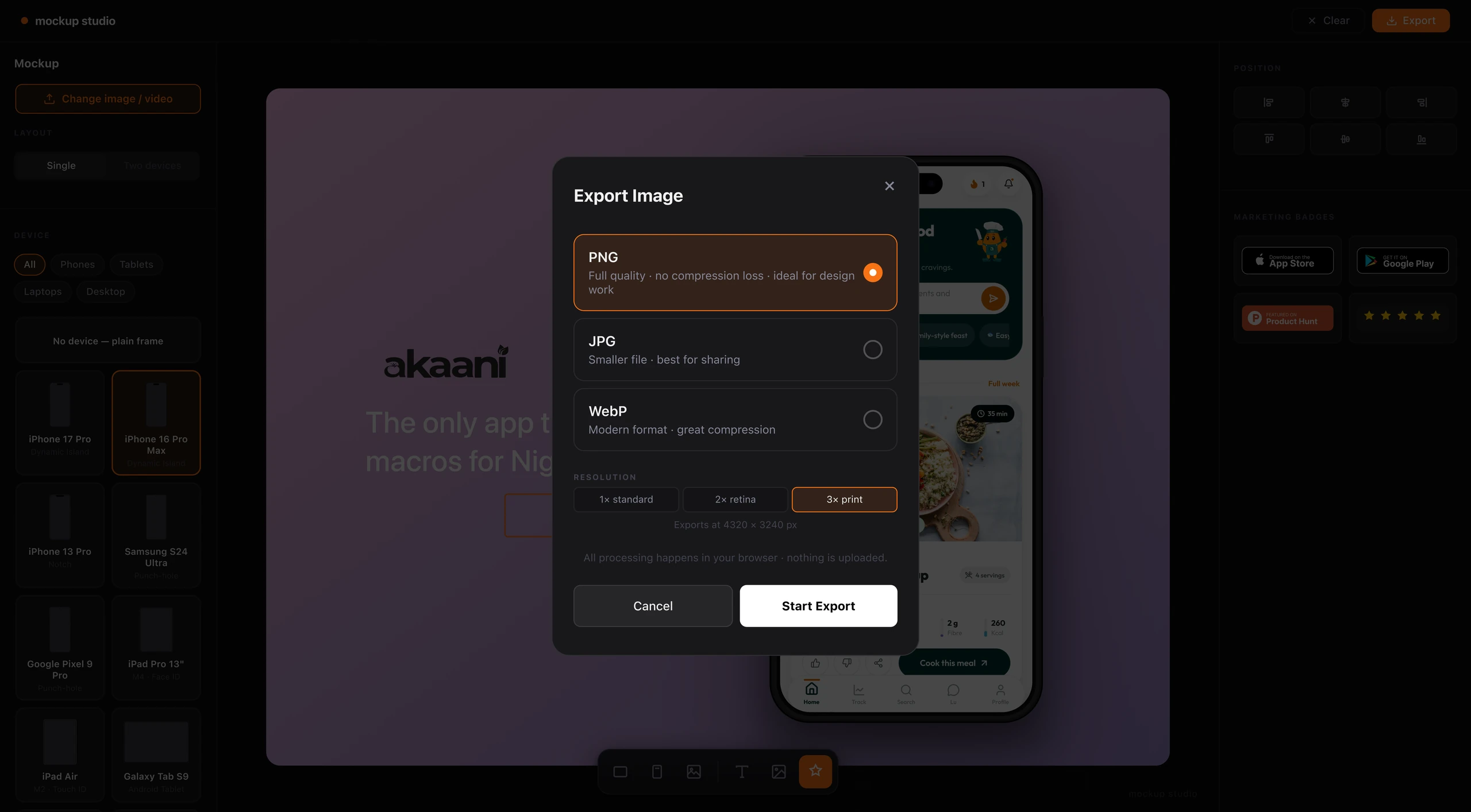 Mockup Studio Export Image dialog with PNG, JPG, WebP and 1x, 2x, 3x scale options