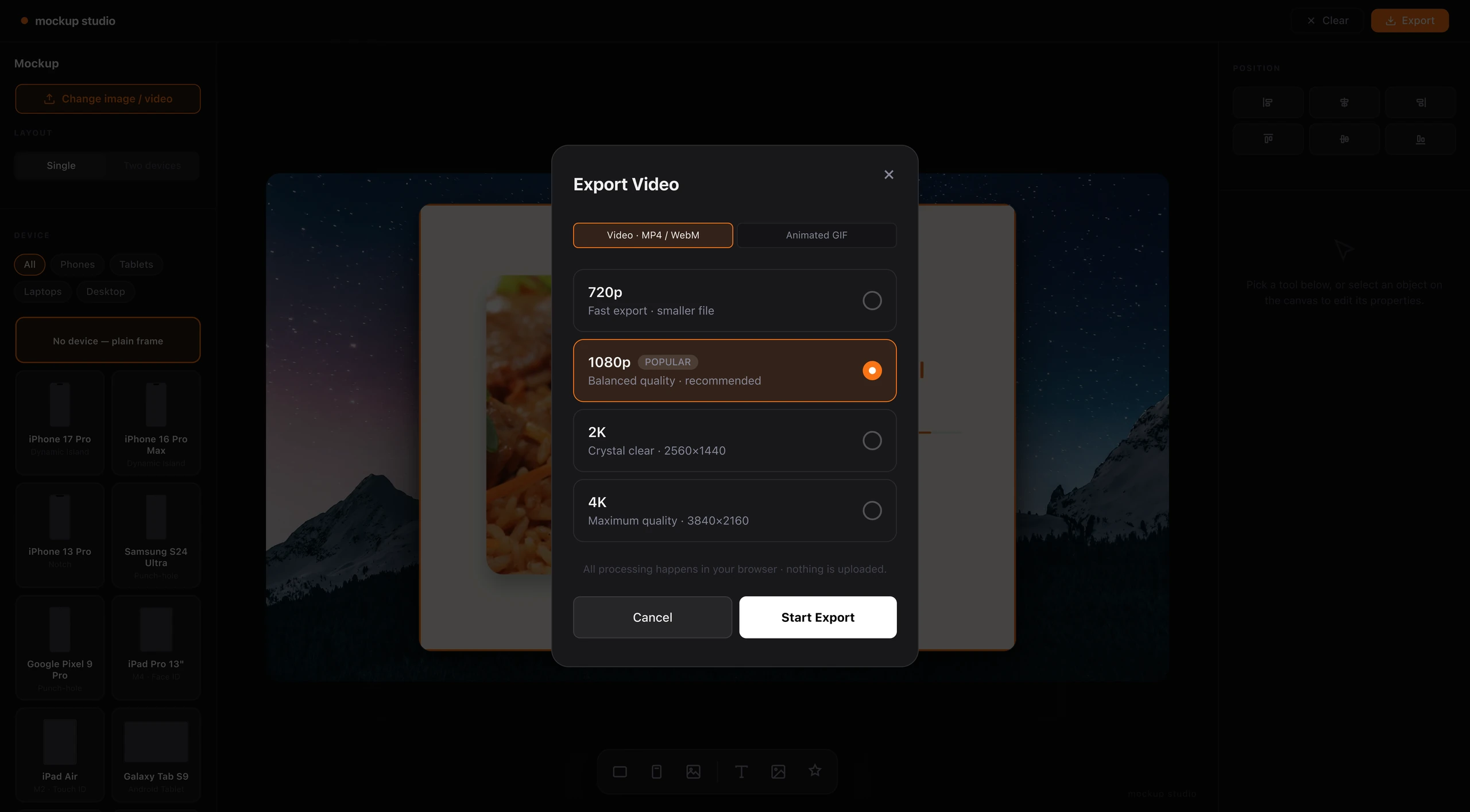 Mockup Studio Export Video dialog with MP4/WebM and animated GIF tabs and 720p, 1080p, 2K and 4K options