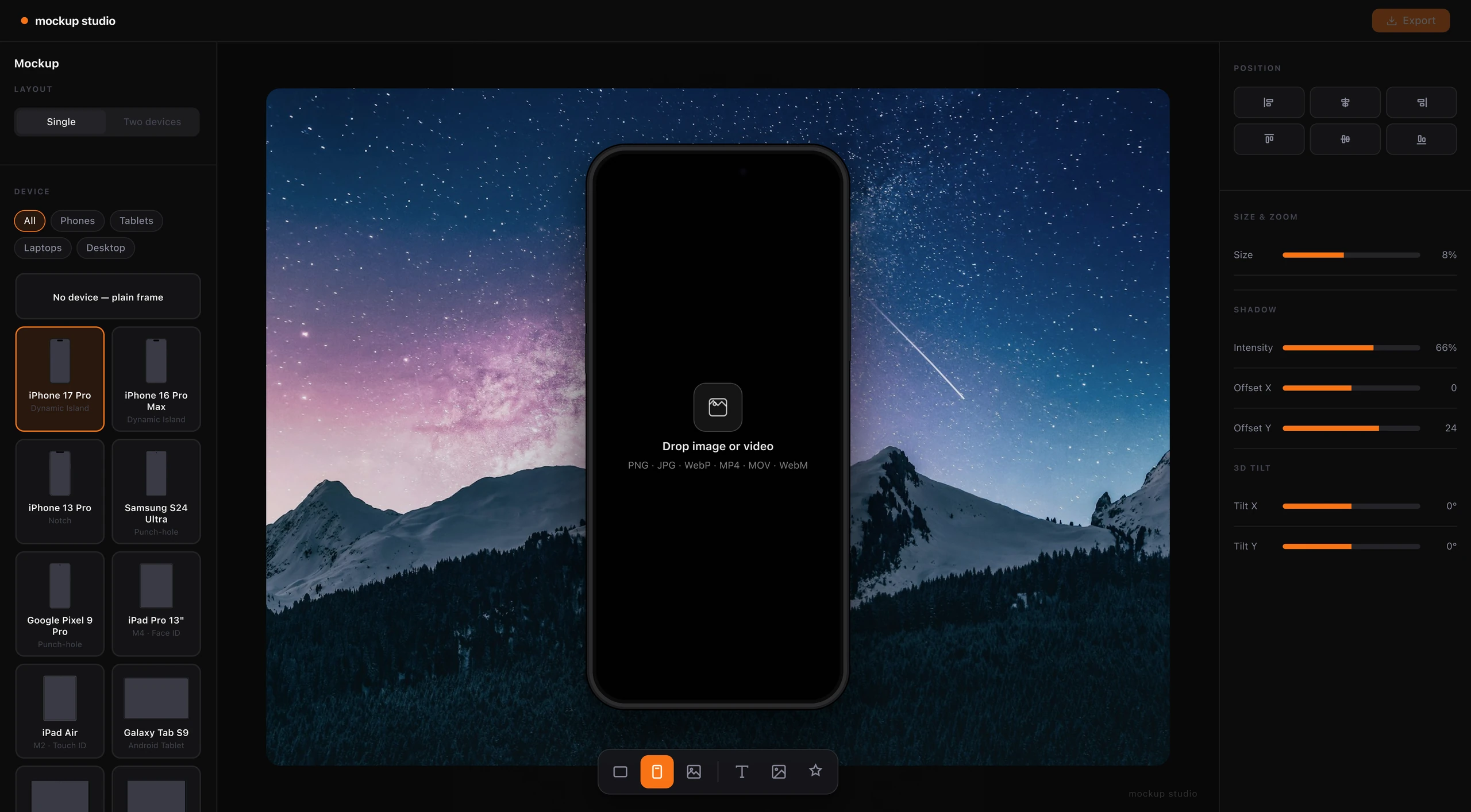 Mockup Studio frame adjustment panel with size, rotation, corner and shadow controls