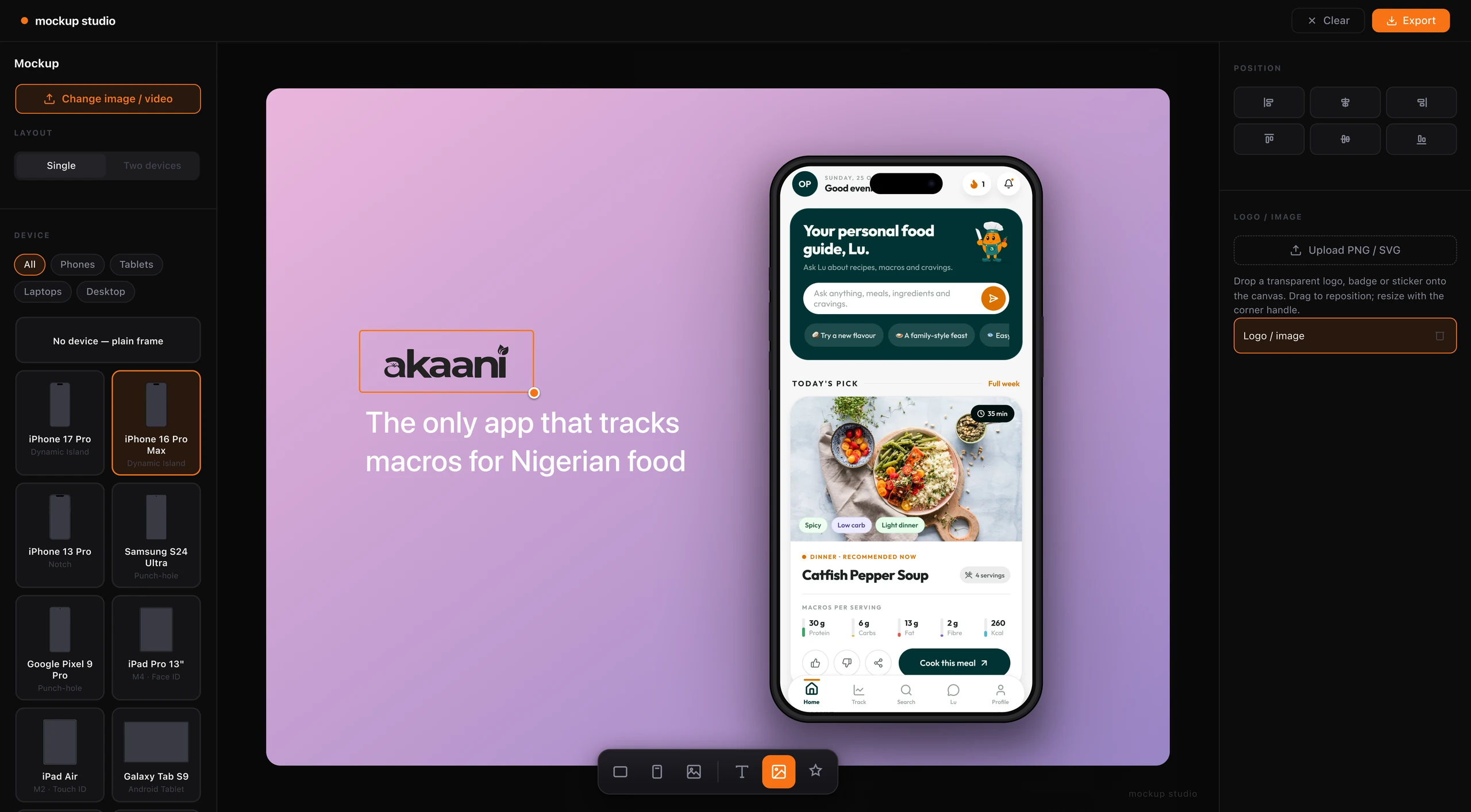 Mockup Studio image and logo tool placing the akaani logo beside a phone mockup