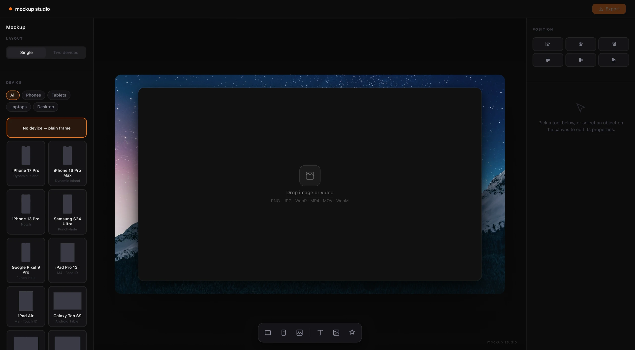 Mockup Studio No device option with a plain image or video frame