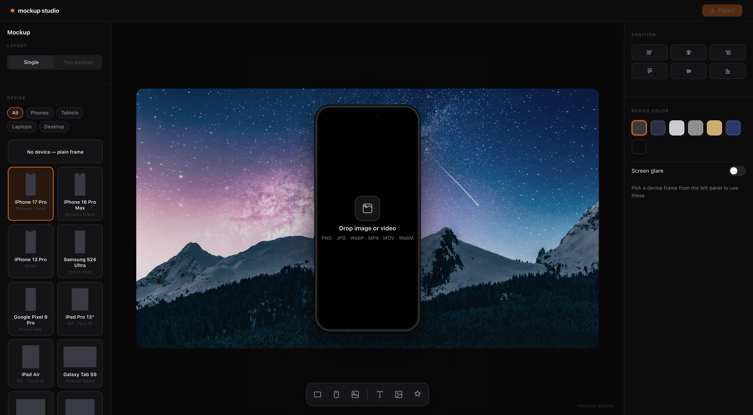 Mockup Studio single-device layout with a phone frame and a drop image or video area