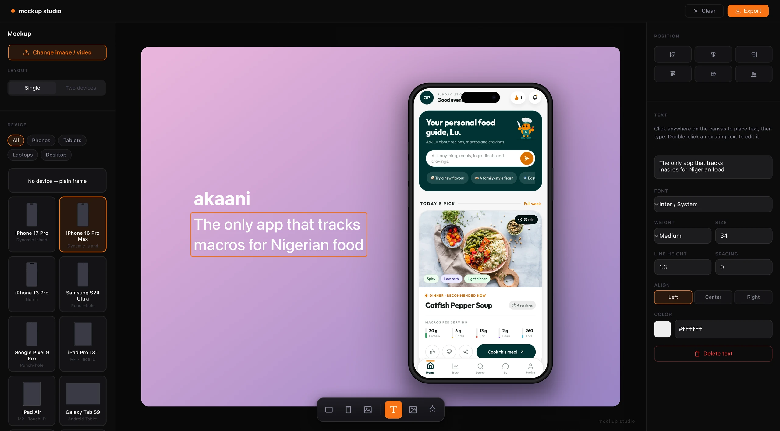 Mockup Studio text editor with an akaani phone screen, headline and typography controls