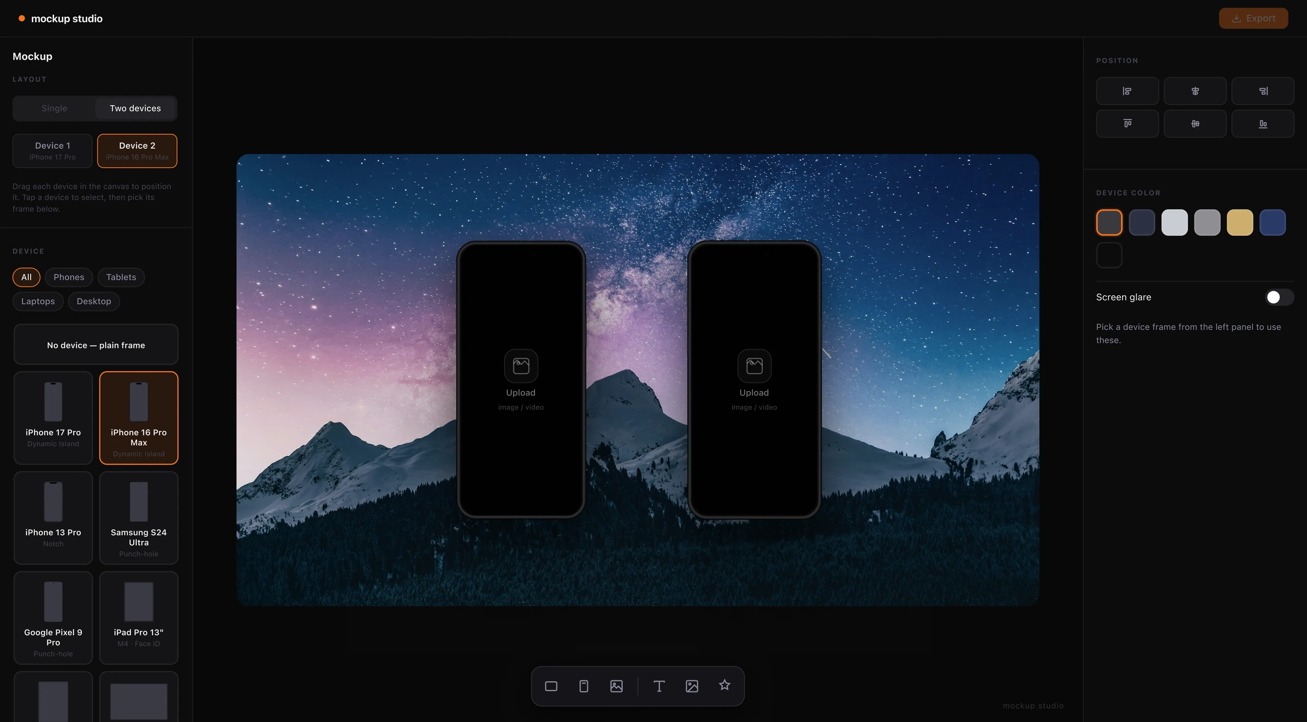 Mockup Studio dual-device layout with Device 1 and Device 2 controls