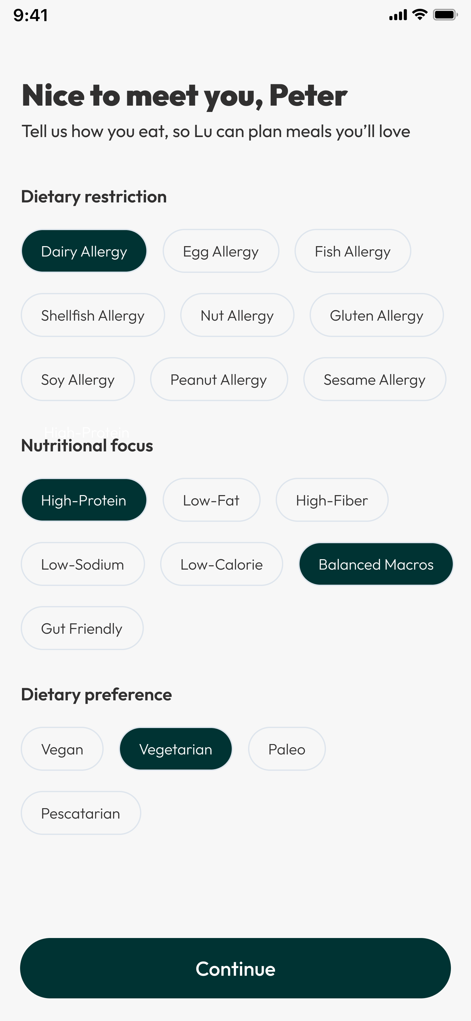 Customize food preferences screen