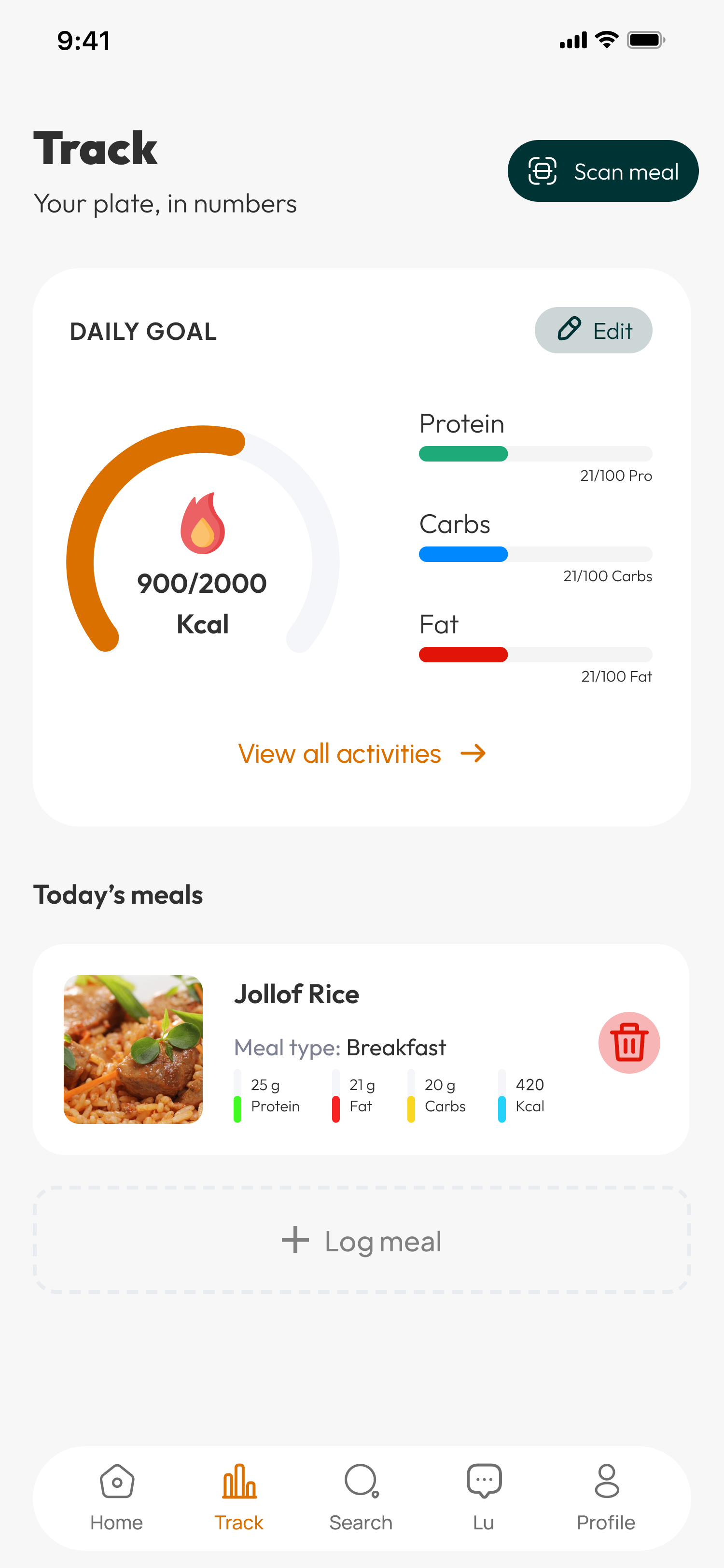 Meal tracker screen