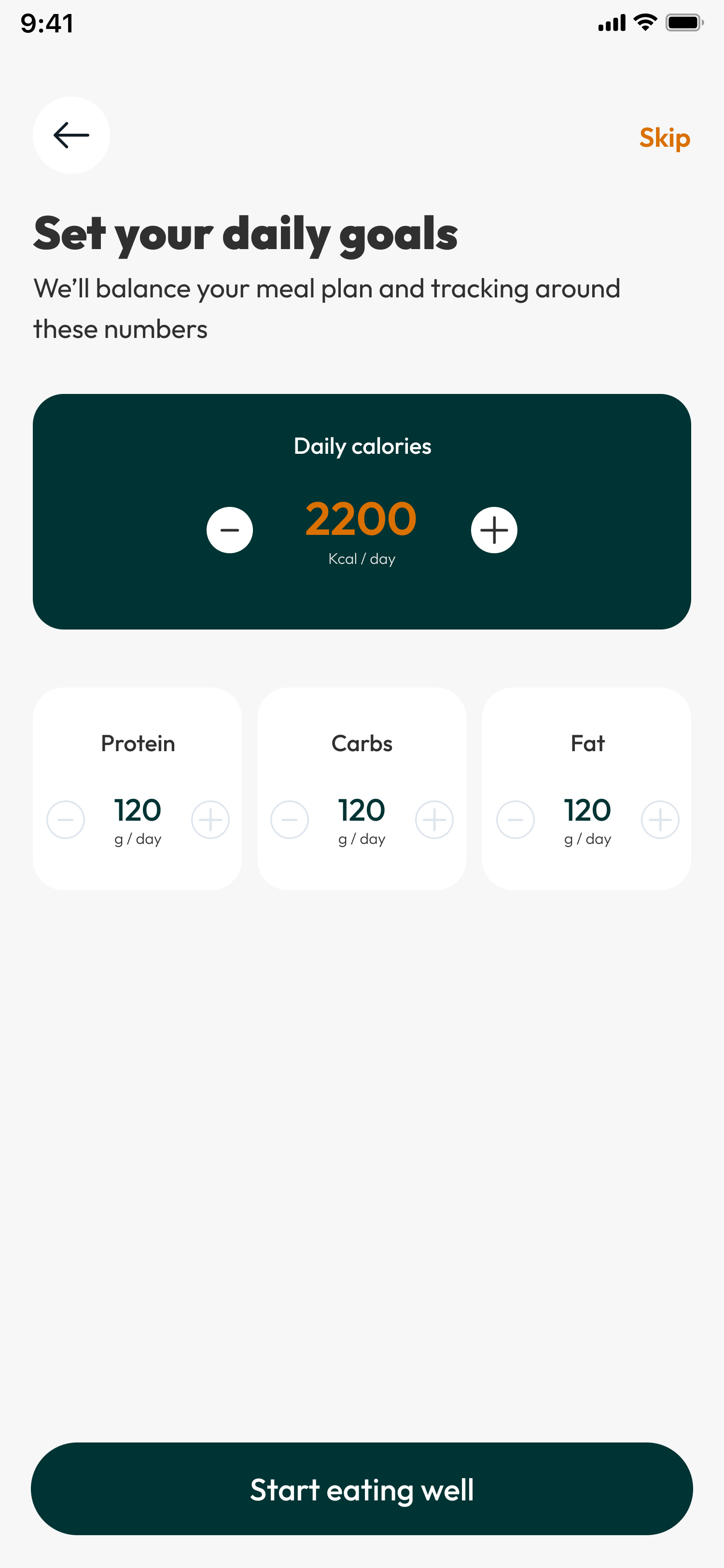 Set your goal screen