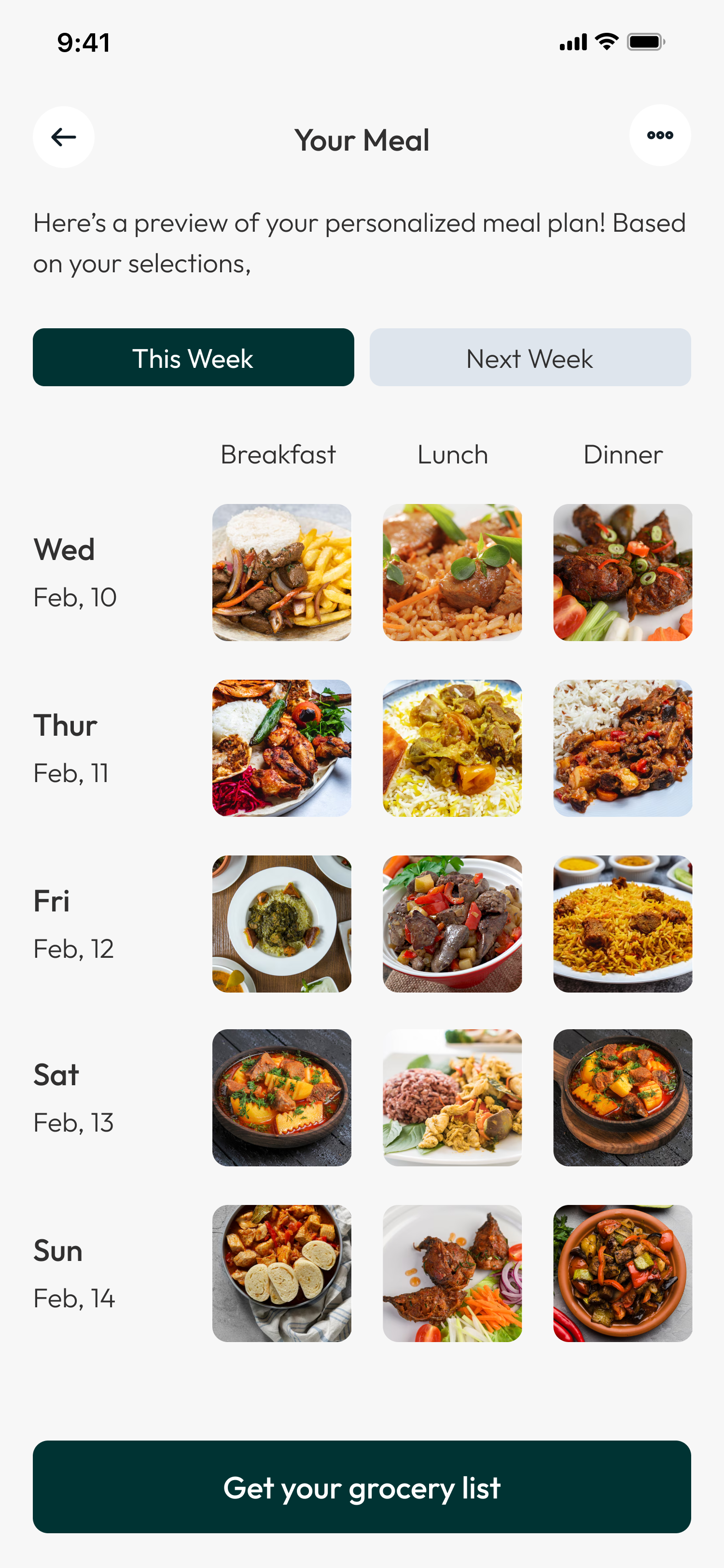 View all meals for the week