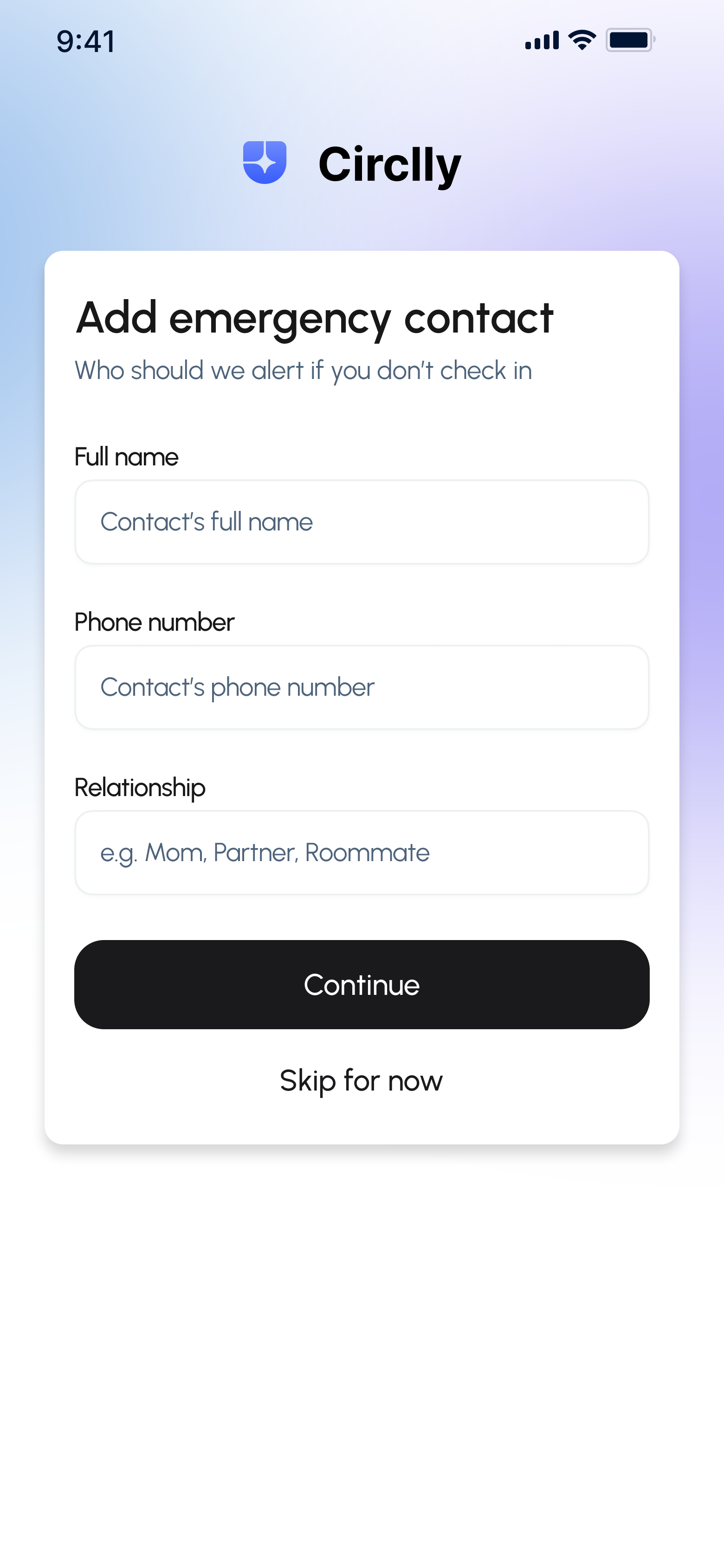 Emergency contact screen