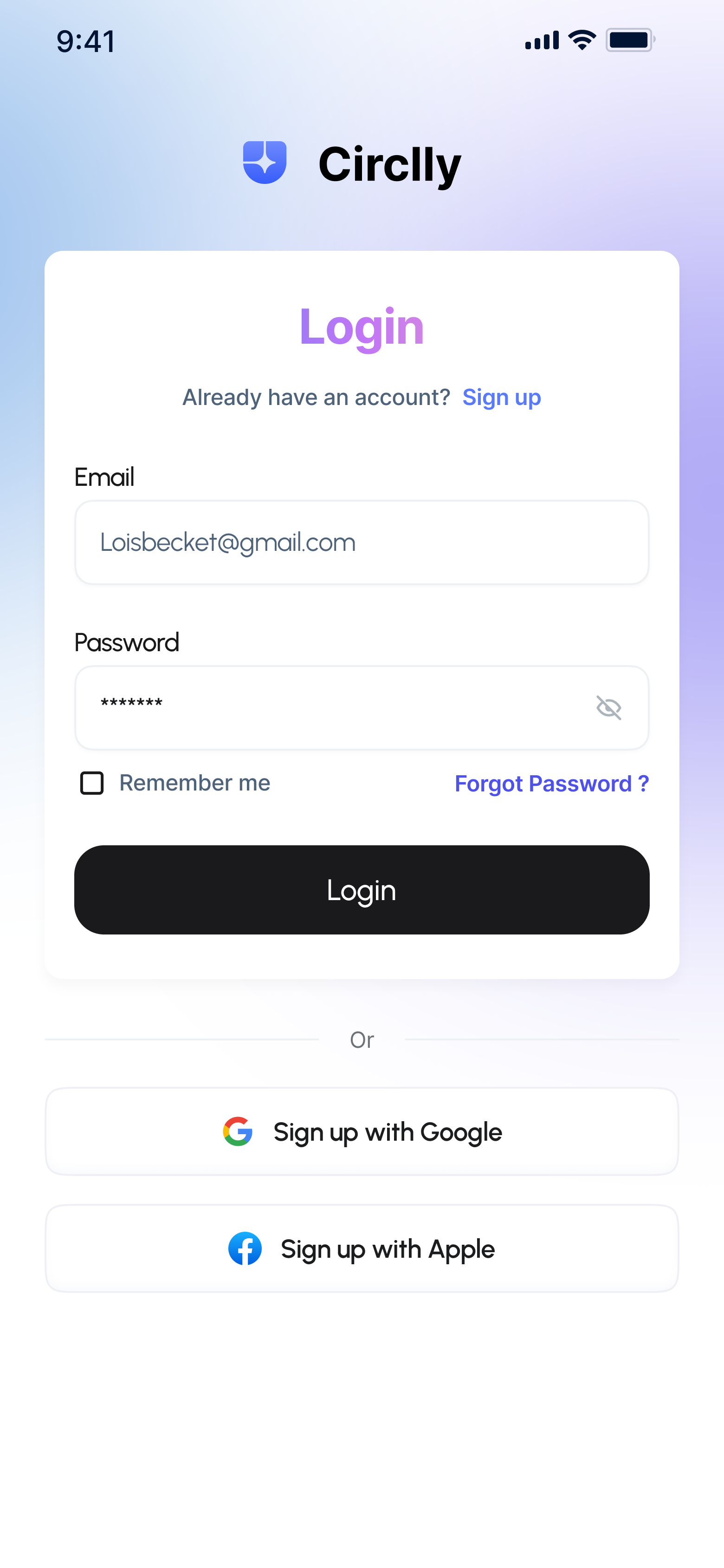 Log in screen