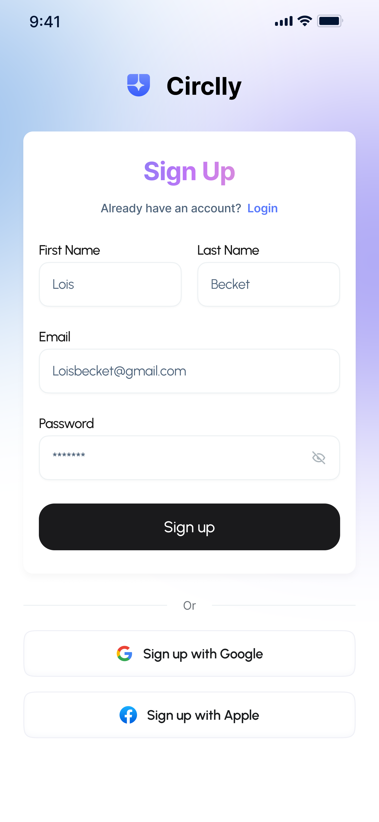 Sign up screen