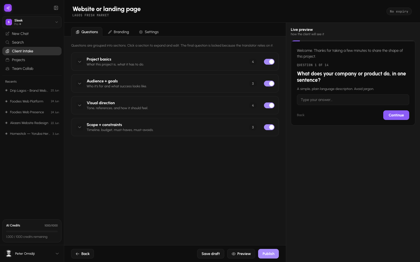 Intake questions tab