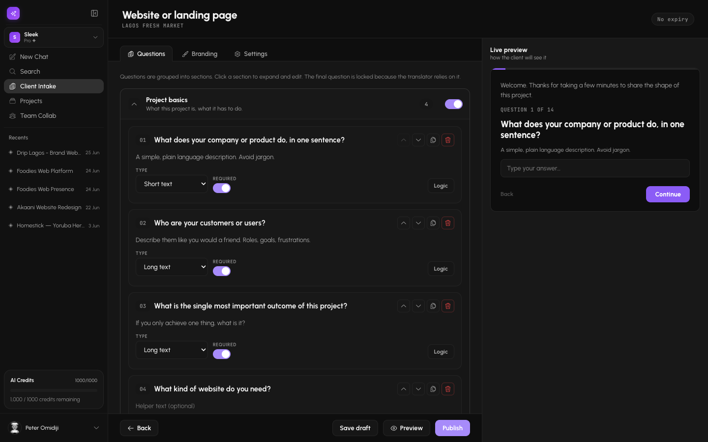Intake form builder