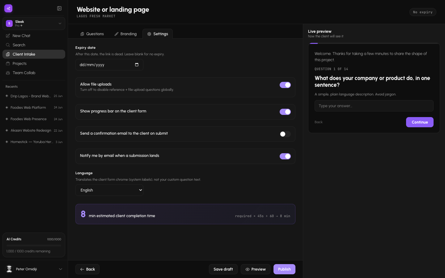 Intake settings tab
